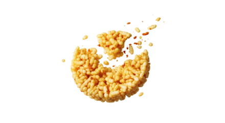 Crispy rice cake explosion against pristine white backdrop showcasing dynamic snack fragmentation in mid-air motion conveying lightness and