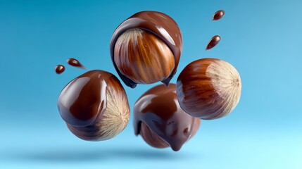 Floating hazelnuts coated in rich chocolate sauce, splashes of chocolate droplets surrounding them, against a vibrant blue background, creating a visually appealing dessert concept