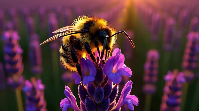 Macro close-up of a fuzzy bumblebee collecting nectar from blooming purple lavender flowers in golden sunset light, illustrating pollination and spring nature concepts.
