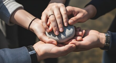 Close-up of multiple hands carefully holding a small stack of smooth grey stones, representing shared responsibility, solidarity, and a common goal.