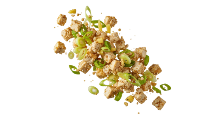 Floating cubes of seasoned tofu with green onion slices on a bright white backdrop providing a captivating culinary composition ready to be served