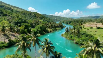scenic 4K aerial perspective Cano Frío river basin filmed August 2026 Las Galeras Dominican Republic surrounded vivid tropical vegetation natural landscapes