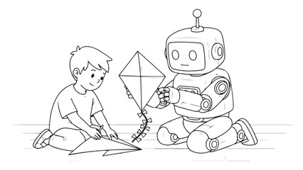 Monochrome Vector Illustration of Child and Robot Crafting and Playing