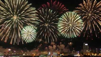 bright festive 4K display colorful fireworks filling night sky celebrate arrival New Year 2026 offering vivid illumination joyful energy perfect holiday footage