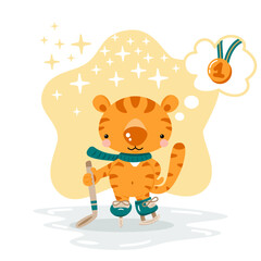 Cute cartoon tiger in skates holding a hockey stick in a paw. Animal character hockey player. Winter illustration for cards, posters.