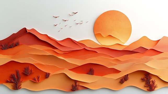 Layered paper cut desert sunset landscape high resolution image