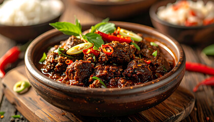 Delicious Indonesian Rendang dish, a rich and spicy beef curry garnished with fresh herbs and chilies