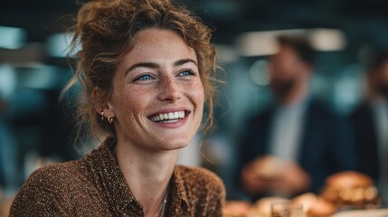 Smiling young woman enjoys lunch break with colleagues in modern office kitchen, fostering positive workplace relationships and building team spirit