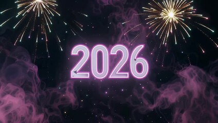 modern 4K vertical screen video animation showcasing captivating abstract pattern brilliant magenta colored neon lights fluidly form distinct numbers 2026 standing out vividly dark nocturnal