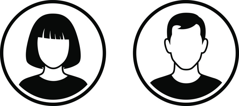 Male and female profile avatar icons in round frame, minimalist flat vector illustration for user interface, social media profile, account identity symbols