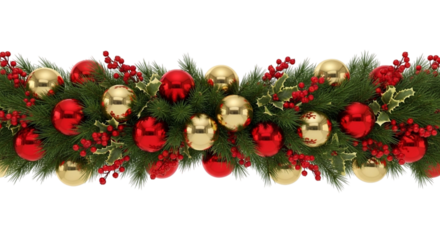 Festive christmas garland border decoration with shiny red and gold baubles, holly, and red berry accents isolated on transparent background