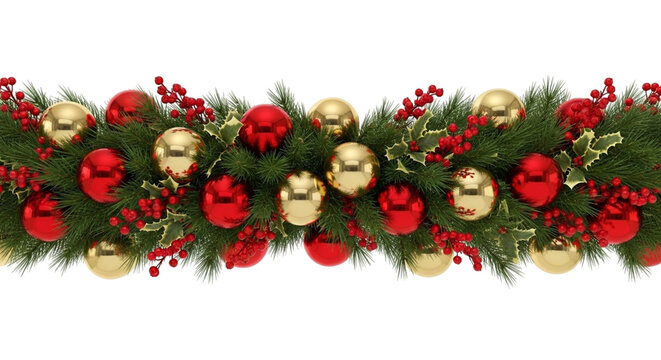 Festive christmas garland border decoration with shiny red and gold baubles, holly, and red berry accents isolated on transparent background
