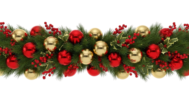 Festive christmas garland border decoration with shiny red and gold baubles, holly, and red berry accents isolated on transparent background
