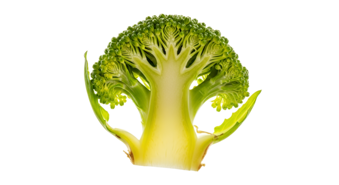 Broccoli Cross Section Exhibiting Intricate Florets and Stalk Anatomy on Light Background