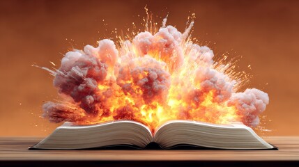 Open book with vibrant explosion of colorful smoke and fire emerging from pages, creating a dramatic visual effect, symbolizing creativity and imagination in literature and storytelling