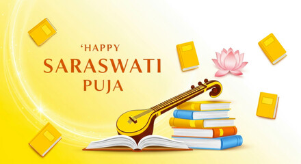 Happy saraswati puja greeting card with veena musical instrument stack of books and lotus flower on yellow background
