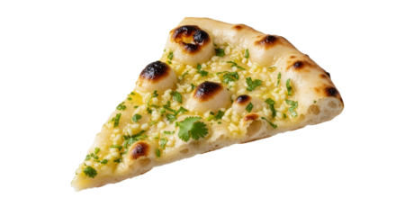 Delicious garlic naan bread slice presented on a clean white background, showing an inviting and tasty appetizer option