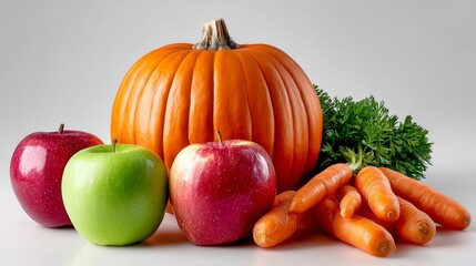 Fresh assortment of vibrant fruits and vegetables including apples, carrots, and a large pumpkin, arranged artistically on a clean surface, showcasing seasonal harvest bounty and natural colors