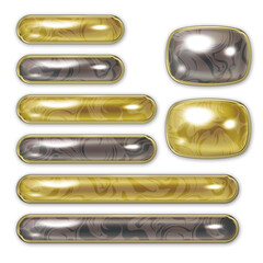 Illustration of pearl buttons. Button sets of various sizes. Gold and black