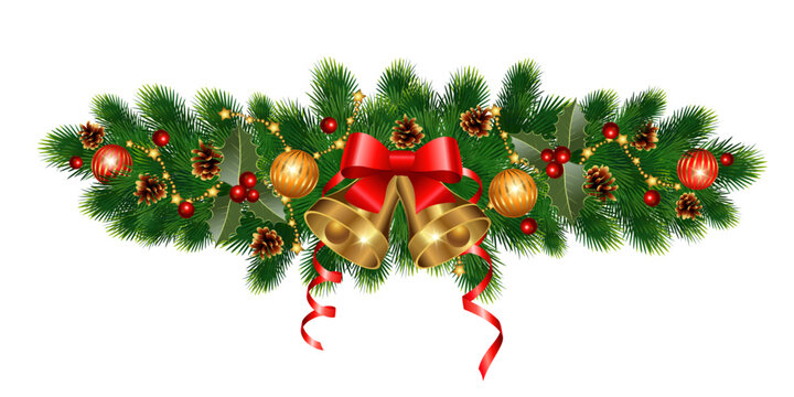 Christmas garland with golden bells, a red bow, pinecones, and festive ornaments.