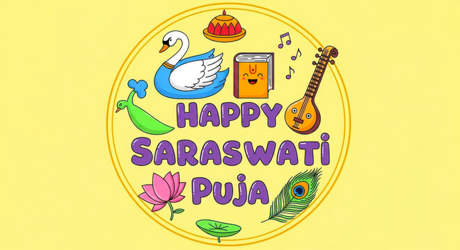 Vibrant and whimsical illustration celebrating happy saraswati puja with traditional symbols and festive elements