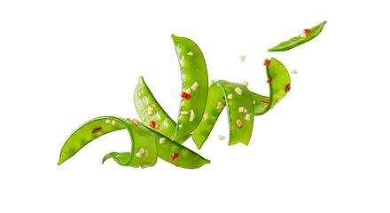Fototapeta premium Vibrant spiral of spiced snap peas against a pristine white backdrop, highlighting culinary art and fresh ingredients, minimal decoration enhances