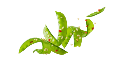 Vibrant spiral of spiced snap peas against a pristine white backdrop, highlighting culinary art and fresh ingredients, minimal decoration enhances