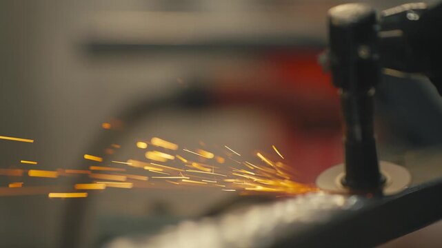 Close-Up of Worker Grinding Metal Tube with Sparks