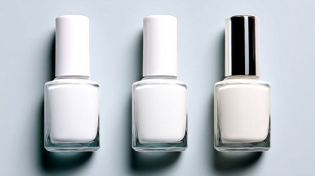 Three elegant nail polish bottles in varying designs, showcasing glossy finishes and sleek shapes, arranged on a soft pastel background, perfect for beauty and cosmetic branding