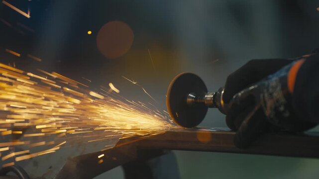 Close-Up of Worker Grinding Steel Pipe with Bright Sparks