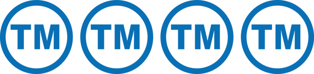 Trademark TM symbol round blue icon set, intellectual property protection sign, legal brand identity label vector illustration for copyright registration and corporate product branding design