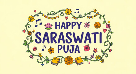 Happy saraswati puja decorative floral wreath with musical notes and traditional motifs celebrating knowledge and arts