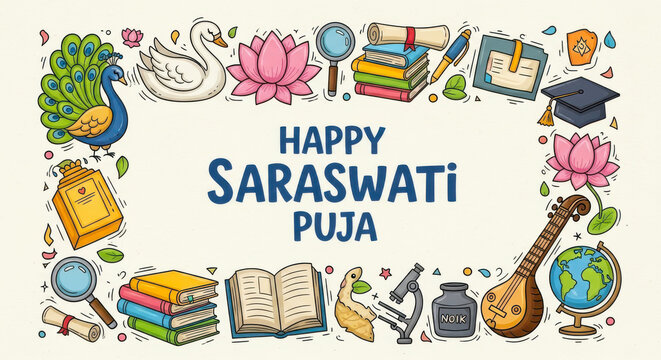 Happy saraswati puja greeting card with traditional symbols of knowledge education and arts surrounded by a decorative border