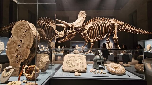 Triceratops Dinosaur Skeleton Exhibit in a Natural History Museum.