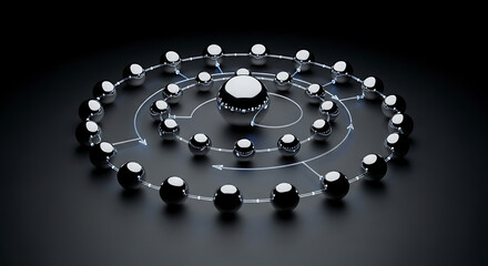 Abstract 3d rendering of metallic spheres orbiting a central core