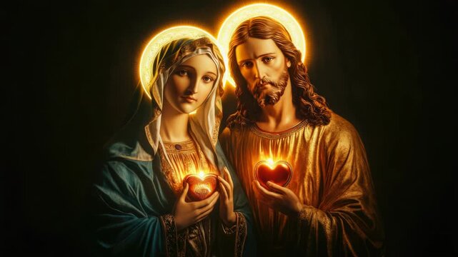 Video A statuesque representation of Jesus and Mary holding an apple, symbolizing peace and harmony