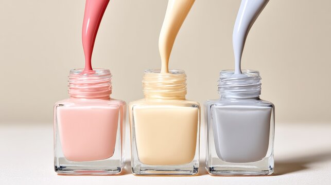 Three elegant nail polish bottles with vibrant colors, showcasing pink, yellow, and gray shades, pouring liquid onto a smooth surface, perfect for beauty and cosmetic themes