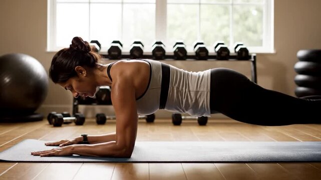 Focused woman in yoga plank, exercising in serene home gym, strength training during winter wellness routine