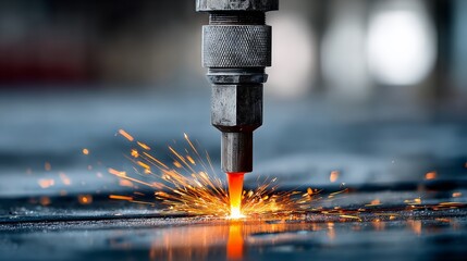 Industrial cutting tool generating sparks while processing metal surface, showcasing precision engineering and craftsmanship in a dynamic workshop environment with vibrant colors and textures