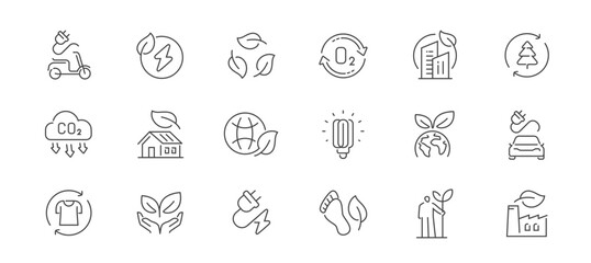 Ecology thin line icons. Green technologies, eco electric energy concept. Environment outline symbols and signs