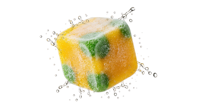 Exotic fruit cube with refreshing water splashes on white backdrop, showcasing a blend of tropical flavors and sparkling freshness for vibrant