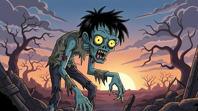 Cartoon zombie with yellow eyes walks through a desolate landscape
