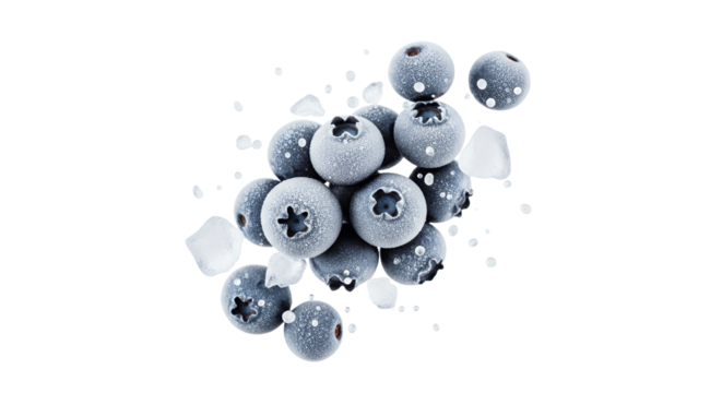 Studio photograph of vibrant blueberries adorned with a delicate frost and translucent ice, capturing nature's simple beauty in a minimalist still