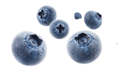 Frozen blueberries suspended in mid-air against a stark white backdrop creating a captivating and refreshing visual composition ideal for food and