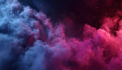 Swirling vibrant colored smoke clouds with floating particles vapor mist