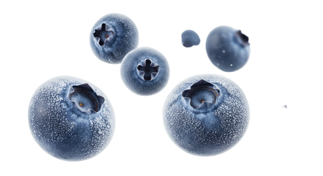 Frozen blueberries suspended in mid-air against a stark white backdrop creating a captivating and refreshing visual composition ideal for food and