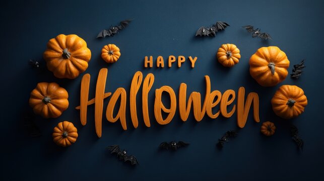 Happy Halloween Party Banner Featuring Pumpkins, Full Moon, Clouds, and Bats on Dark Blue Background. Eps 10 Vector Illustration. High Quality Realistic
