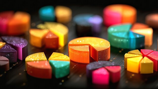 Group of colorful pie charts representing data analysis and financial statistics. Symbolizing growth. Planning. And market share