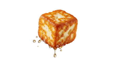 Golden fried halloumi cube, glistening with honey, a captivating culinary delight showcasing texture and color 150 characters