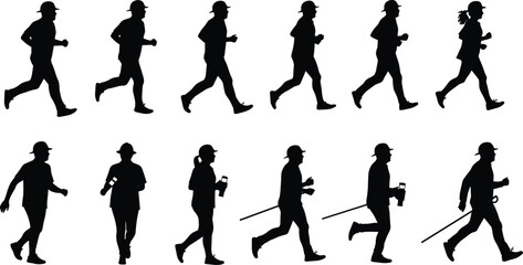 Active people trail running, jogging, and walking silhouettes vector illustration set, featuring male and female hikers and runners engaging in outdoor fitness and trekking activities.